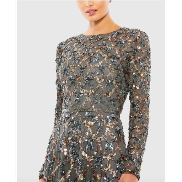 Mac Duggal Charcoal Embellished Illusion High Neck L/S A Line Gown [ 24 ]‎ - Picture 2 of 13